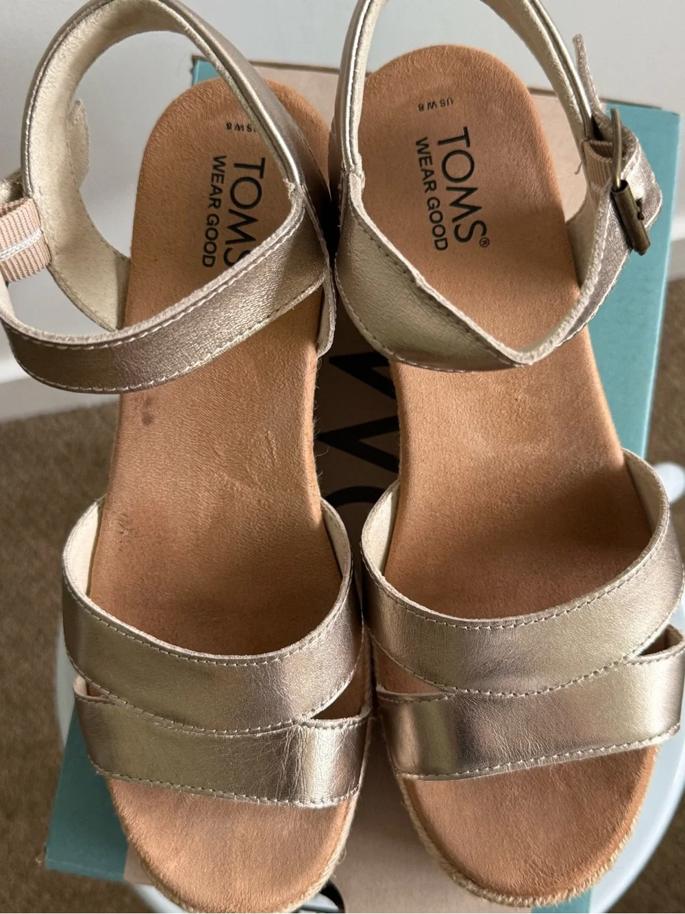 Toms Metallic Gold Women’s Espadrille Wedge Sandals - Picture 2 of 5